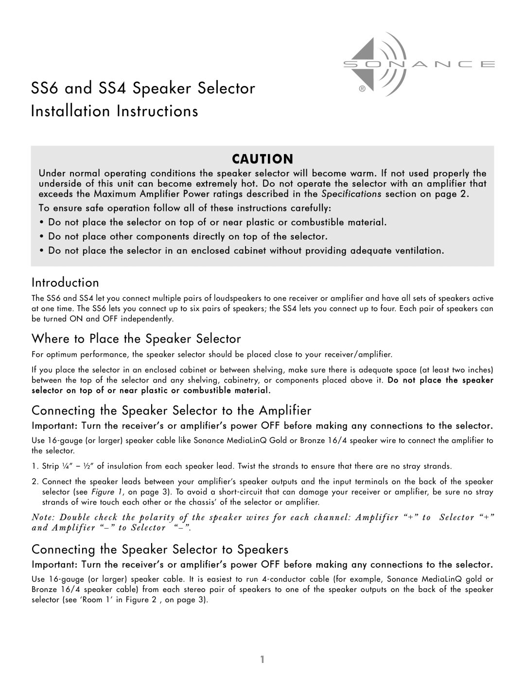 Sonance SS6 installation instructions Introduction, Where to Place the Speaker Selector 