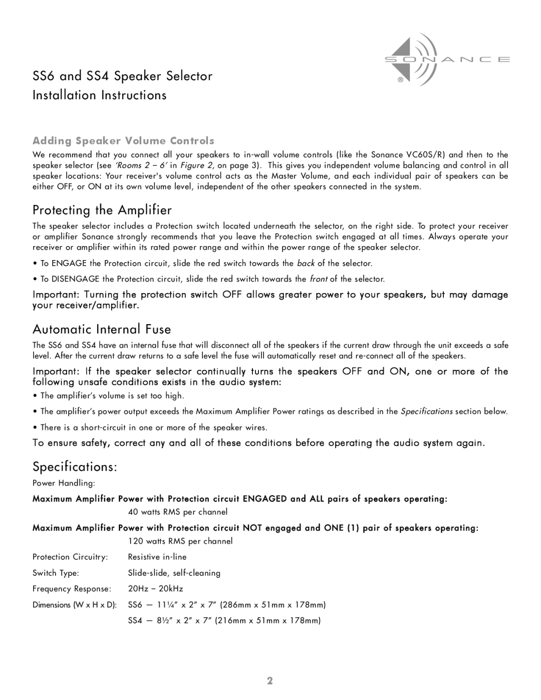 Sonance SS6 and SS4 Speaker Selector Installation Instructions, Protecting the Amplifier, Automatic Internal Fuse 