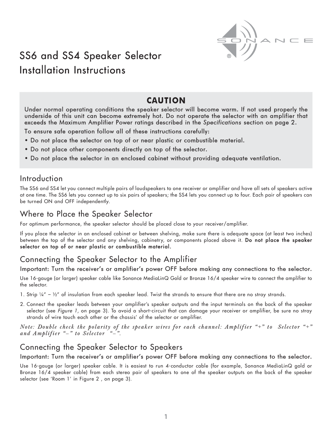 Sonance installation instructions Introduction, Where to Place the Speaker Selector, SS6 and SS4 Speaker Selector 