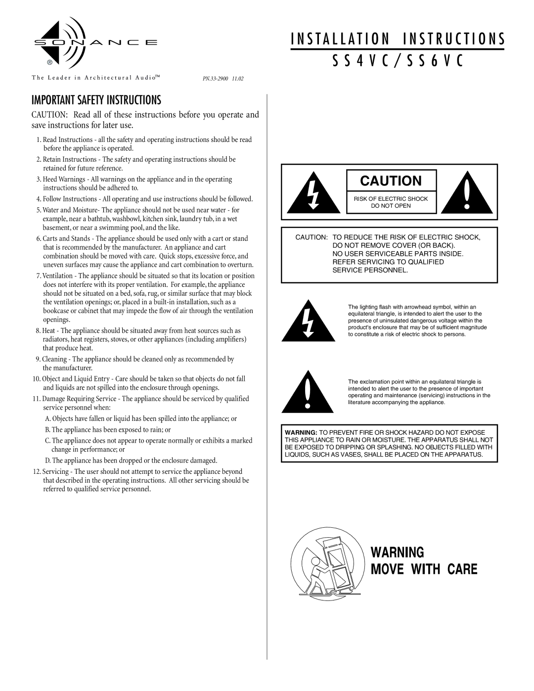 Sonance SS4VC, SS6VC important safety instructions V C / S S 6 V C, Important Safety Instructions 