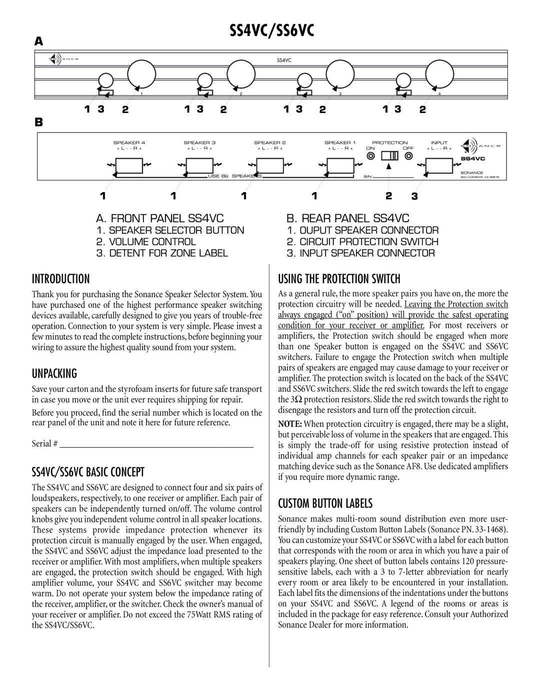 Sonance Introduction, Unpacking, SS4VC/SS6VC Basic Concept Using the Protection Switch, Custom Button Labels 