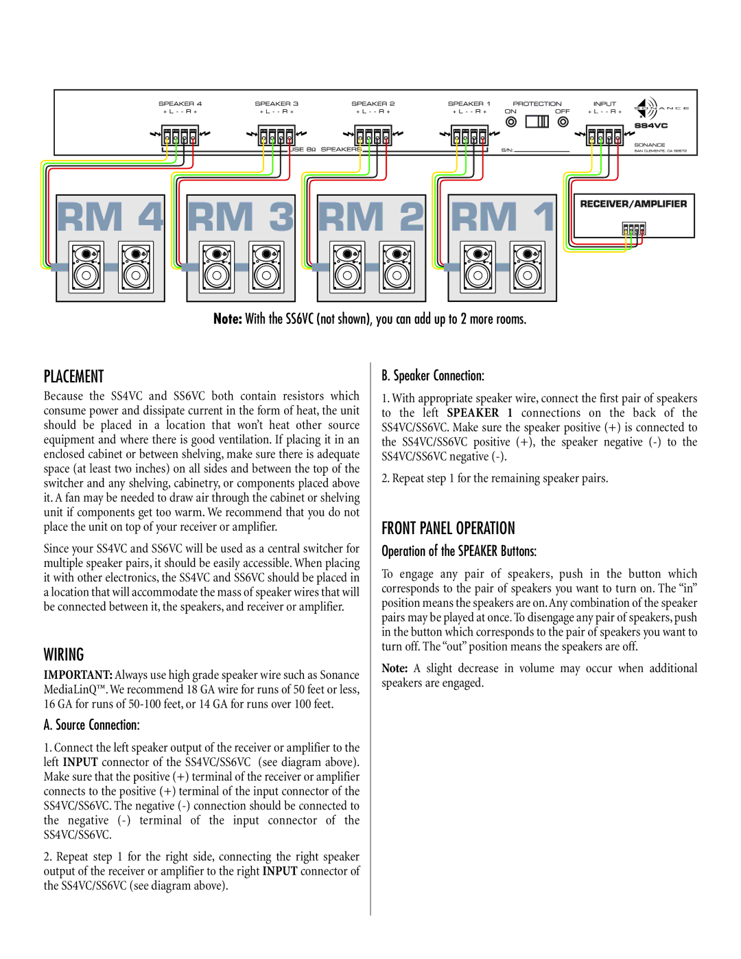 Sonance SS4VC, SS6VC important safety instructions Placement, Wiring, Front Panel Operation 