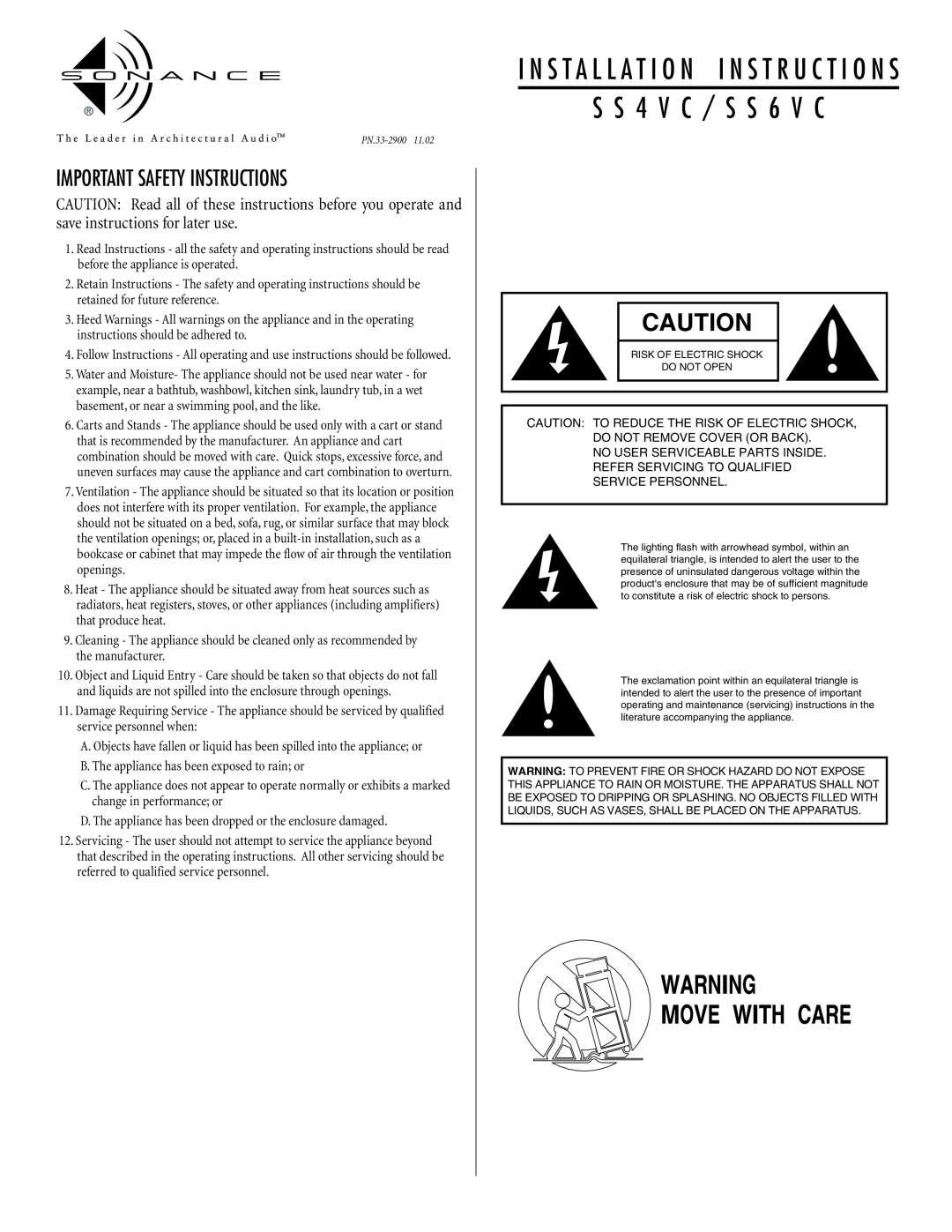Sonance SS4VC, SS6VC important safety instructions Important Safety Instructions, S S 4 V C / S S 6 V C 