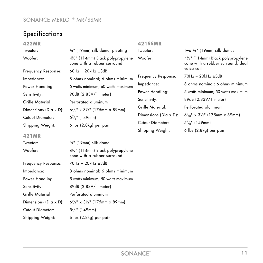 Sonance MR SERIES, SSMR SERIES, SSMR-SERIES instruction manual Specifications, 422MR, 421MR 