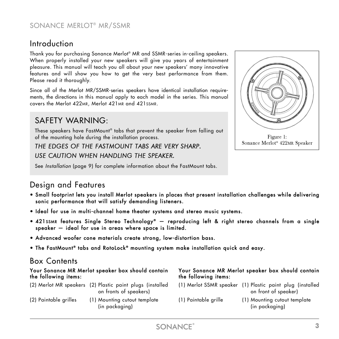 Sonance MR SERIES, SSMR SERIES, SSMR-SERIES instruction manual Introduction, Design and Features, Box Contents 