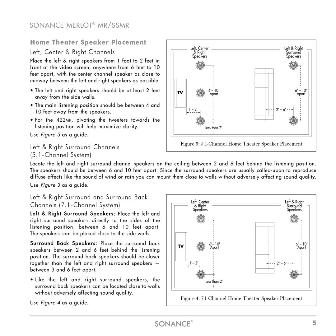 Sonance MR SERIES, SSMR SERIES, SSMR-SERIES instruction manual Home Theater Speaker Placement, Left, Center & Right Channels 