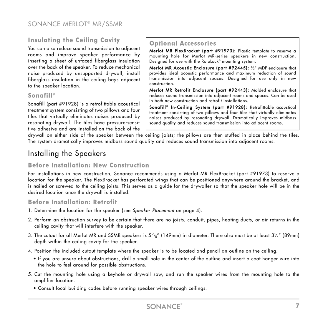 Sonance MR SERIES, SSMR SERIES, SSMR-SERIES Installing the Speakers, Insulating the Ceiling Cavity, Sonafill 