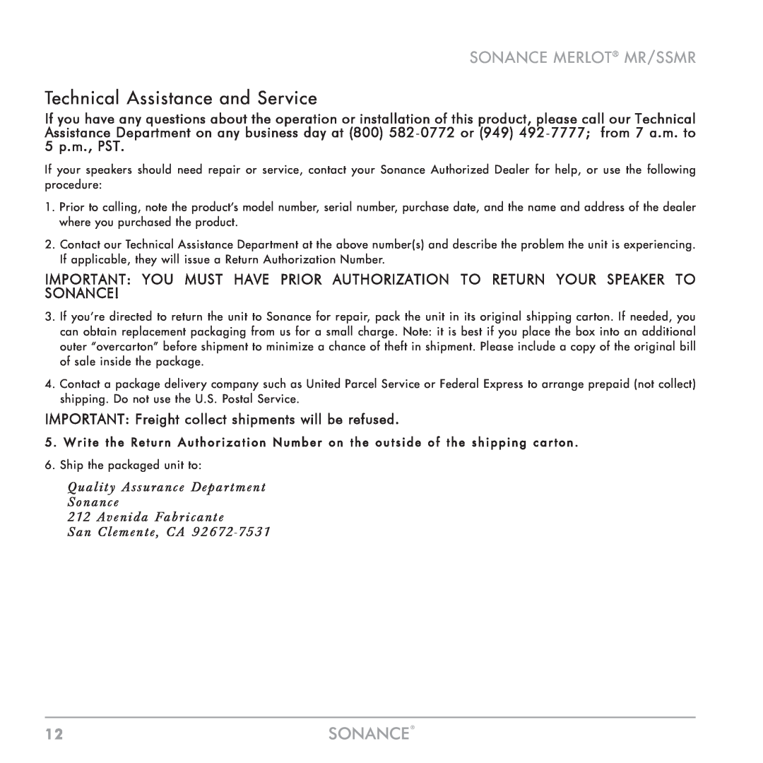 Sonance SSMR-SERIES Technical Assistance and Service, Quality Assurance Depar tment Sonance, Sonance Merlot Mr/Ssmr 