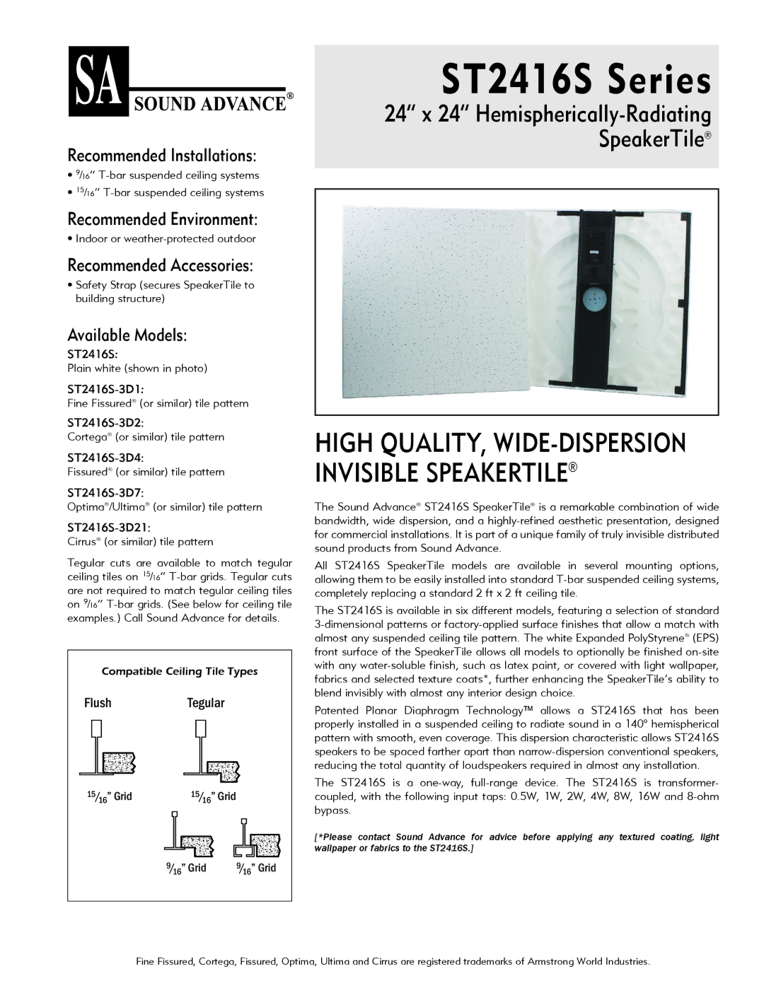 Sonance ST2416S Series manual SpeakerTile, 24 x 24 Hemispherically-Radiating 