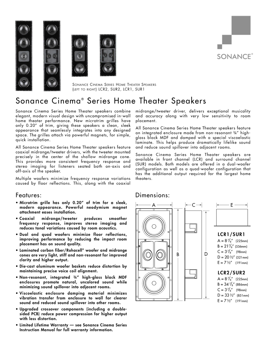 Sonance SUR2, SUR1, LCR1, LCR2 dimensions Sonance Cinema Series Home Theater Speakers, Features, Dimensions 