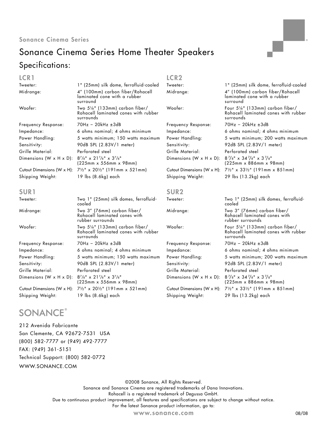 Sonance dimensions Sonance Cinema Series Home Theater Speakers, Specifications, LCR1 LCR2, SUR1 SUR2 