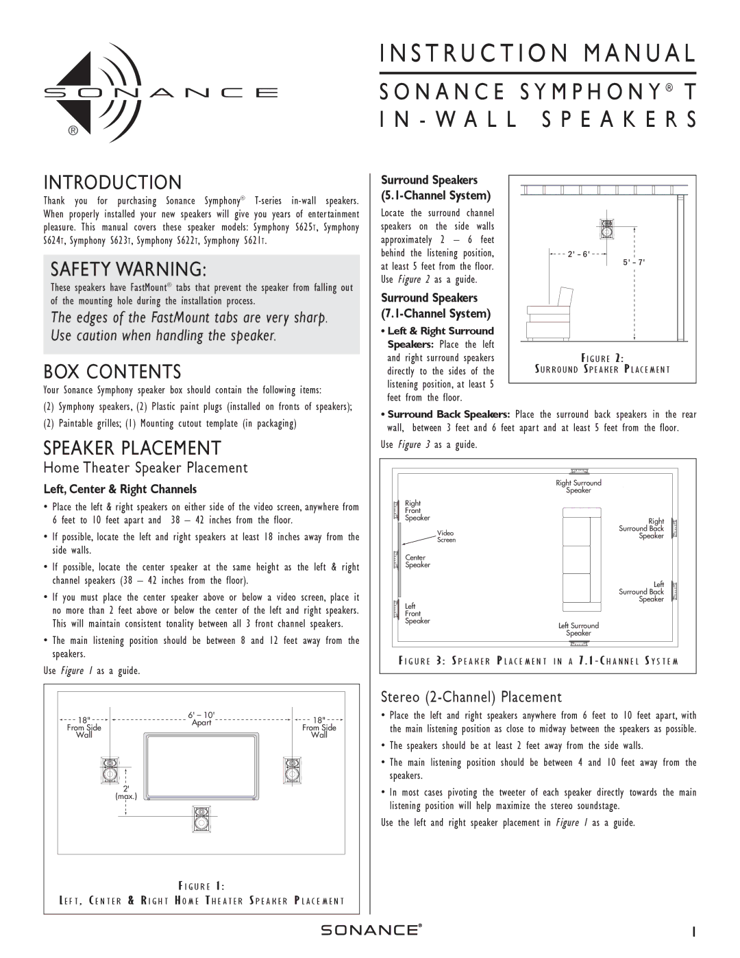 Sonance T-series instruction manual Introduction, Safety Warning, BOX Contents, Speaker Placement 