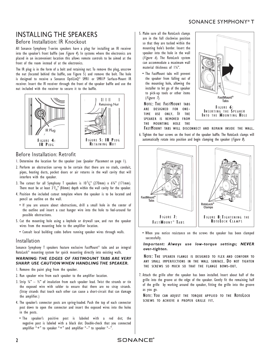 Sonance T-series instruction manual Installing the Speakers, Before Installation IR Knockout, Before Installation Retrofit 