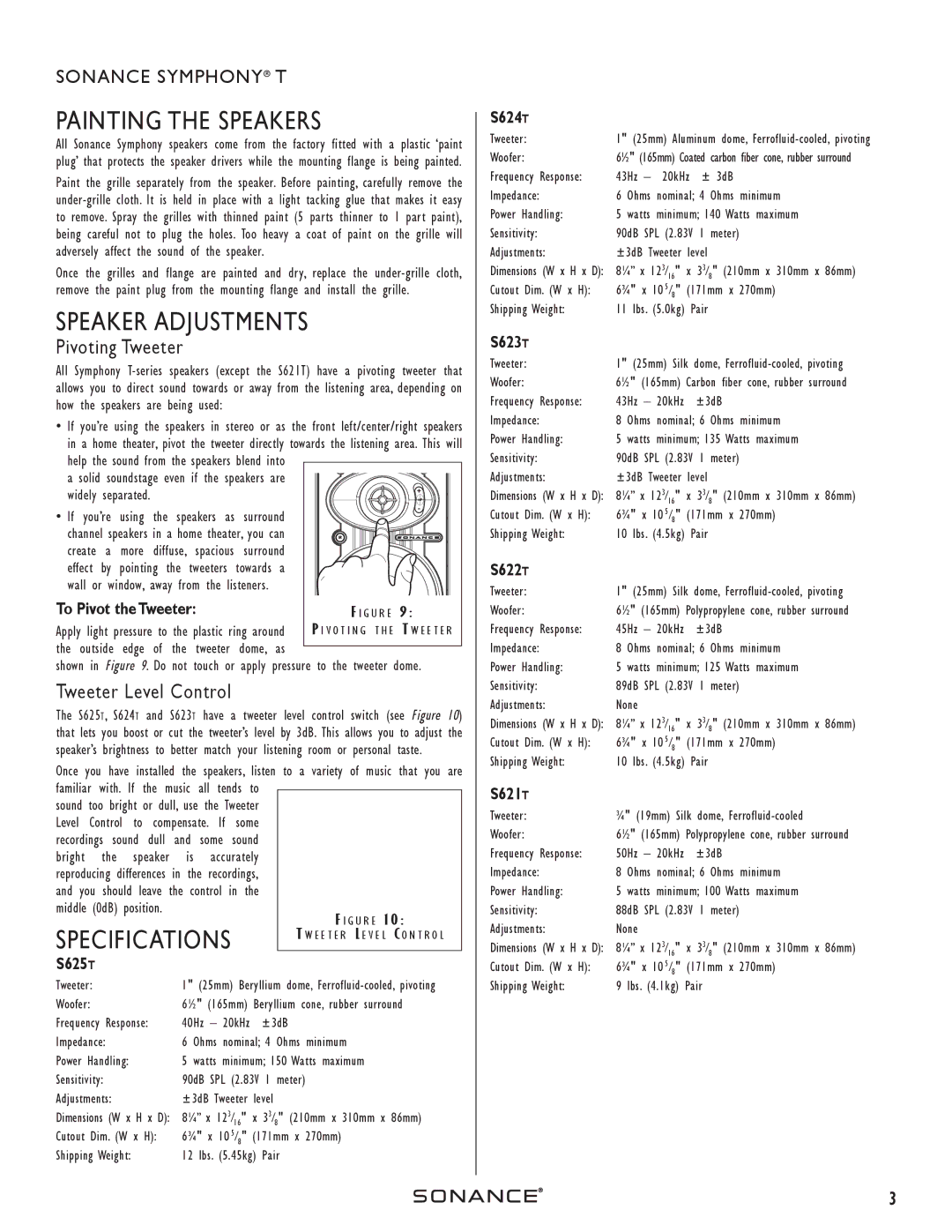 Sonance T-series Painting the Speakers, Speaker Adjustments, Specifications, Pivoting Tweeter, Tweeter Level Control 