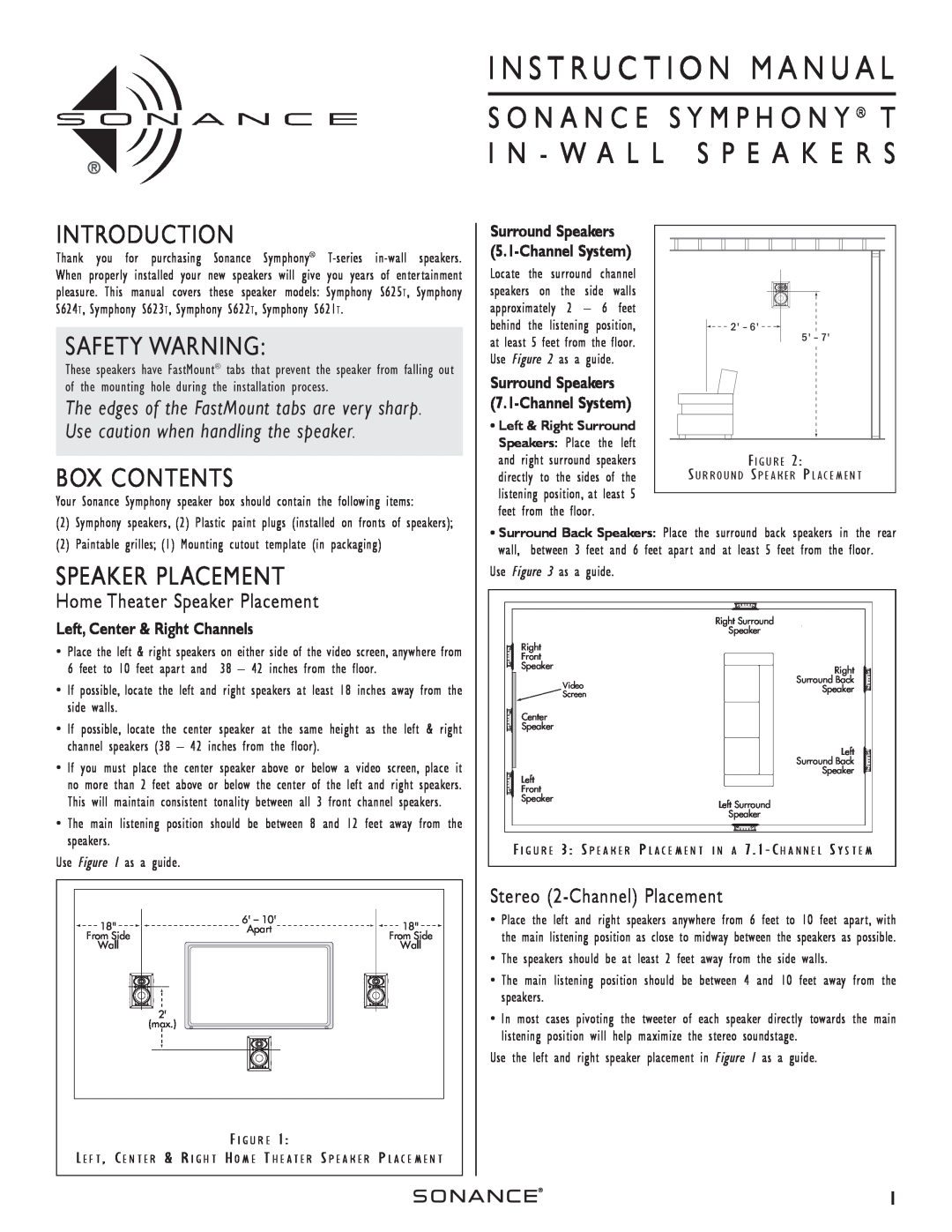 Sonance T-series instruction manual Introduction, Safety Warning, Box Contents, Speaker Placement 