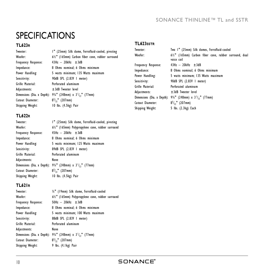 Sonance ThinLine TL623R instruction manual Specifications 