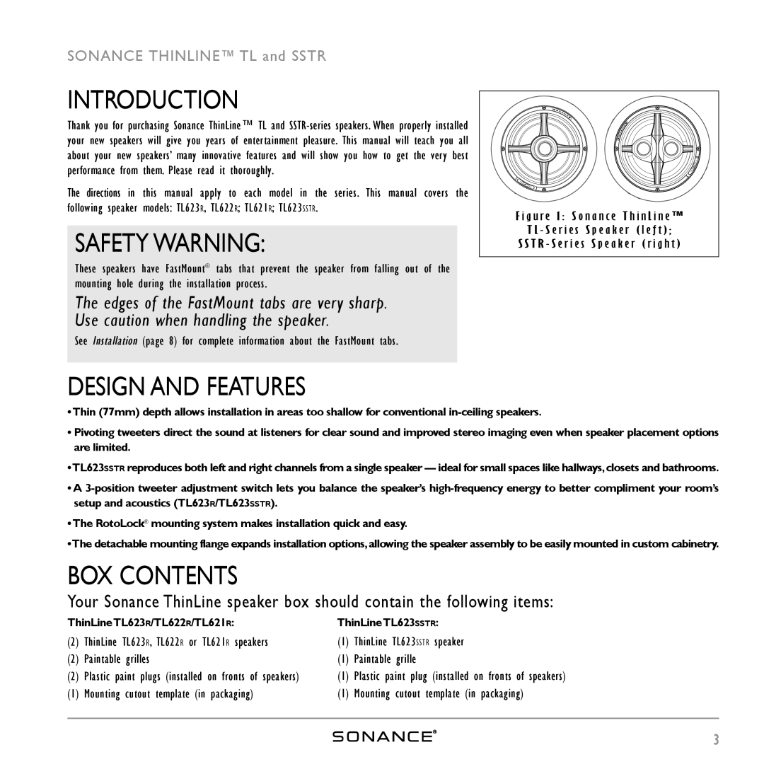 Sonance ThinLine TL623R instruction manual Introduction, Safety Warning, Design and Features, BOX Contents 