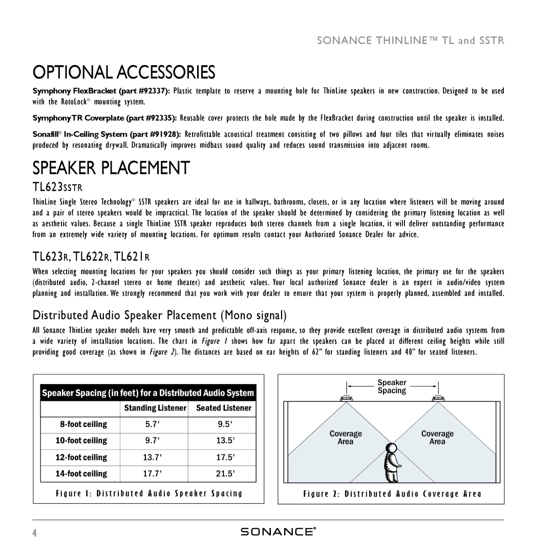 Sonance ThinLine TL623R instruction manual Optional Accessories, Speaker Placement, TL623R, TL622R, TL621R 