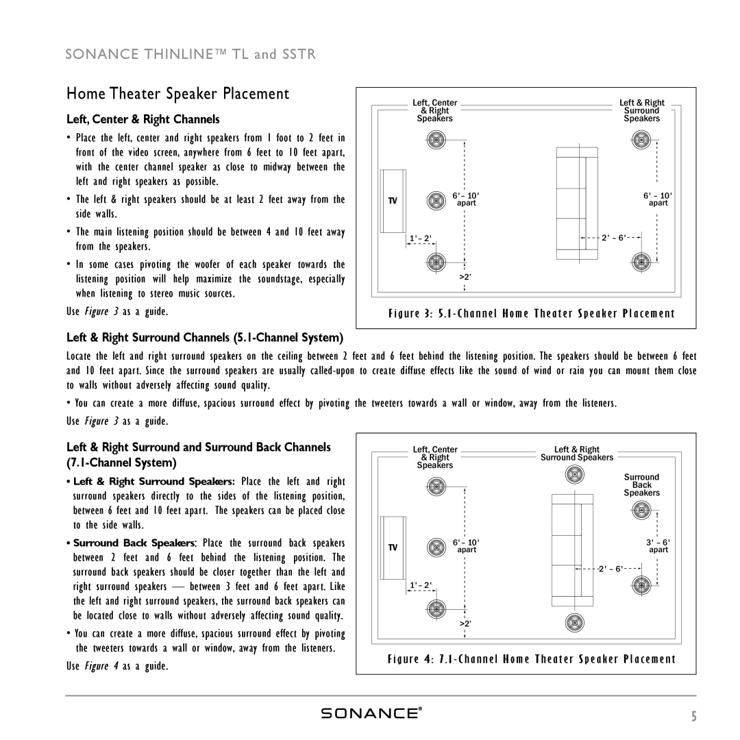 Sonance ThinLine TL623R instruction manual Home Theater Speaker Placement, Left, Center & Right Channels 