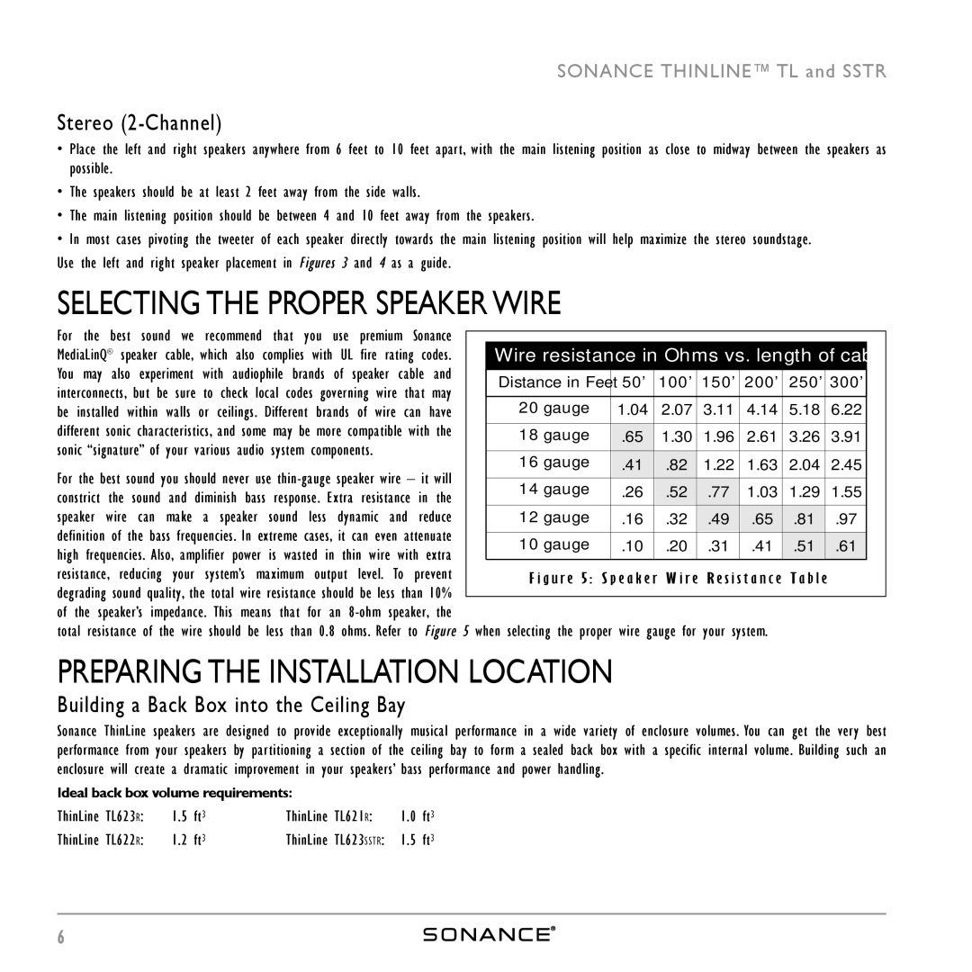 Sonance ThinLine TL623R Selecting the Proper Speaker Wire, Preparing the Installation Location, Stereo 2-Channel 