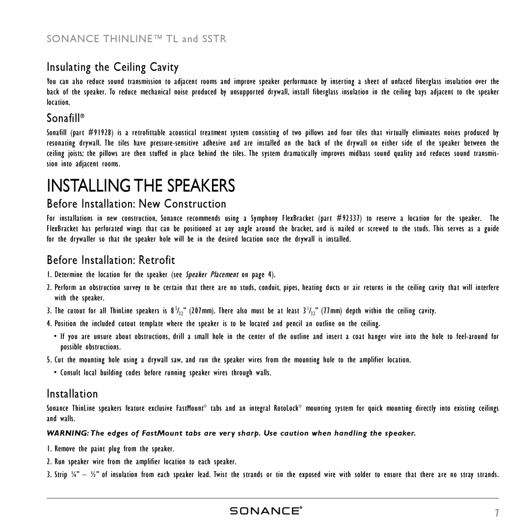 Sonance ThinLine TL623R instruction manual Installing the Speakers 