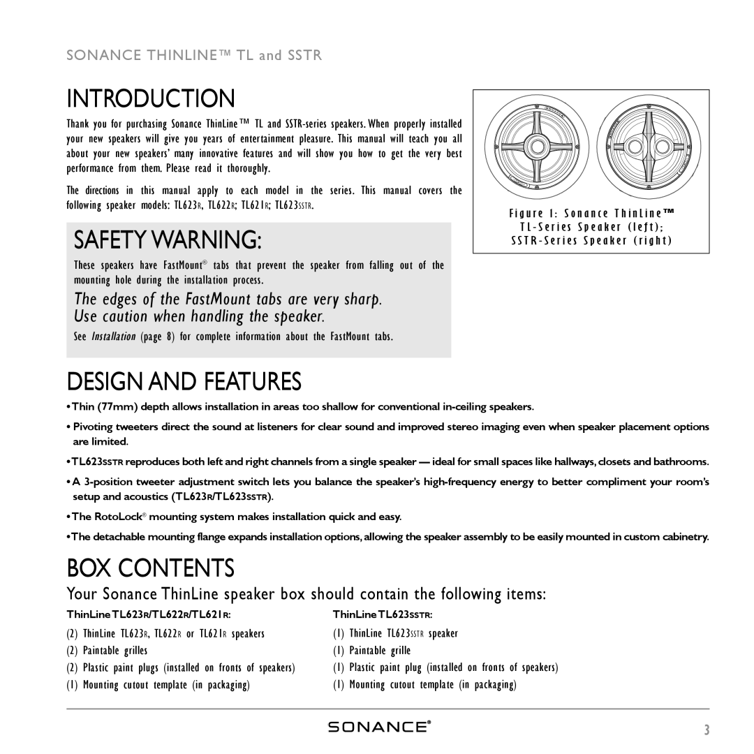 Sonance THINLINETM instruction manual Introduction, Safety Warning, Design and Features, BOX Contents 