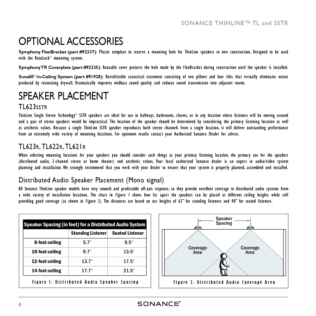 Sonance THINLINETM instruction manual Optional Accessories, Speaker Placement, TL623R, TL622R, TL621R 