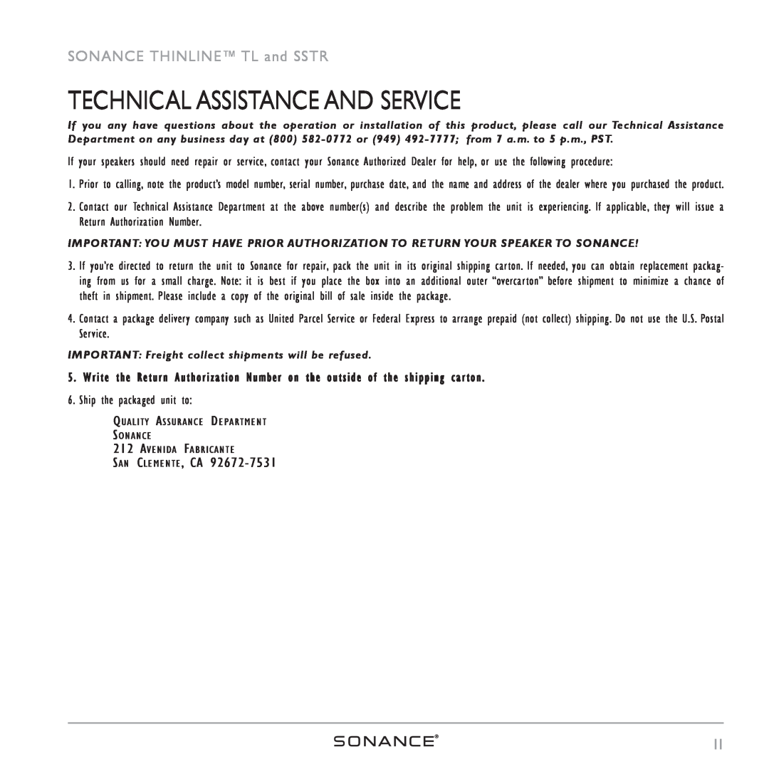 Sonance THINLINETM instruction manual Technical Assistance And Service, SONANCE THINLINE TL and SSTR, San Clemente, Ca 