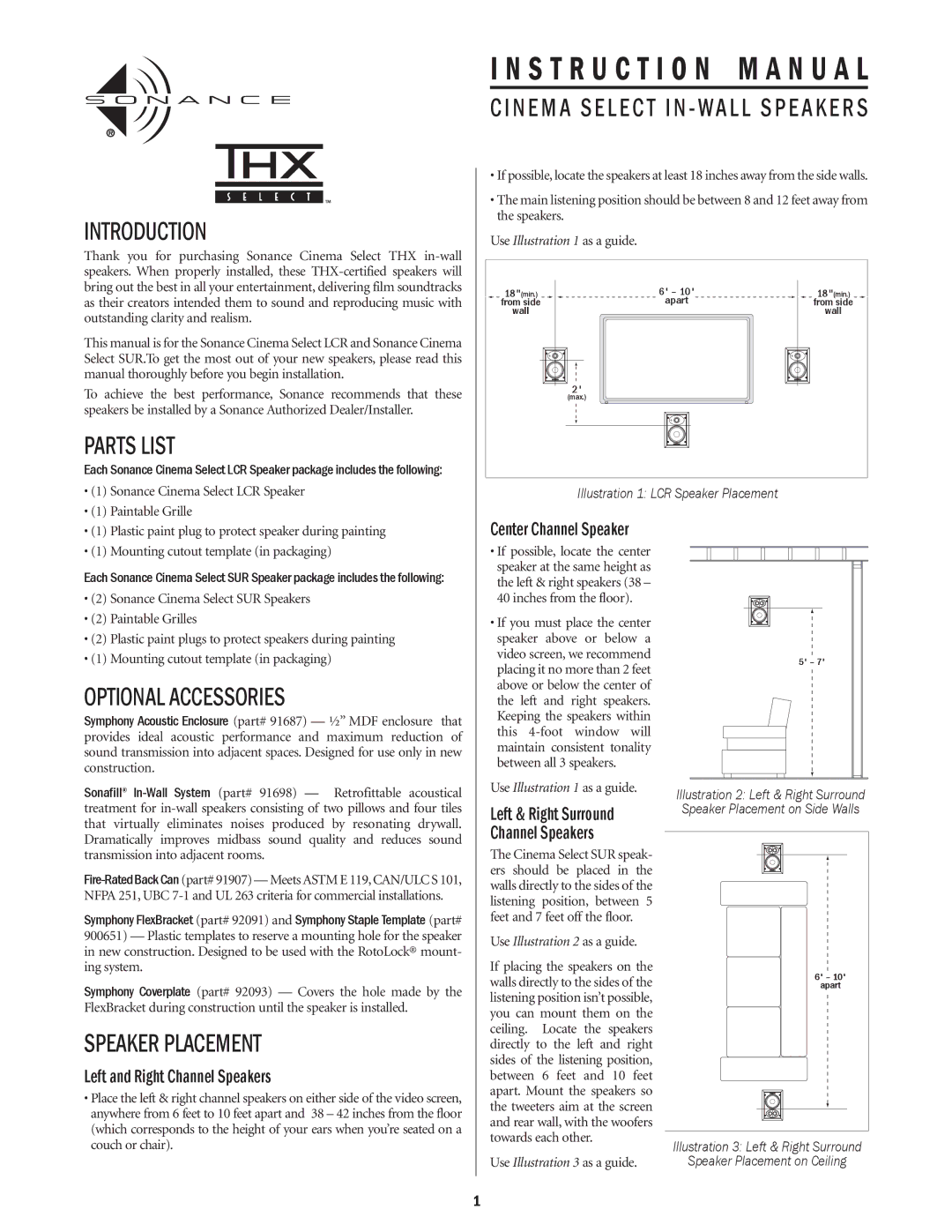 Sonance THX instruction manual Introduction, Parts List, Optional Accessories, Speaker Placement 