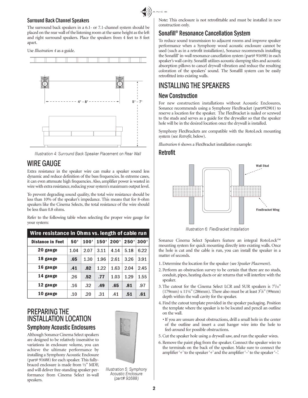 Sonance THX Wire Gauge, Installing the Speakers, Sonafill Resonance Cancellation System, New Construction, Retrofit 