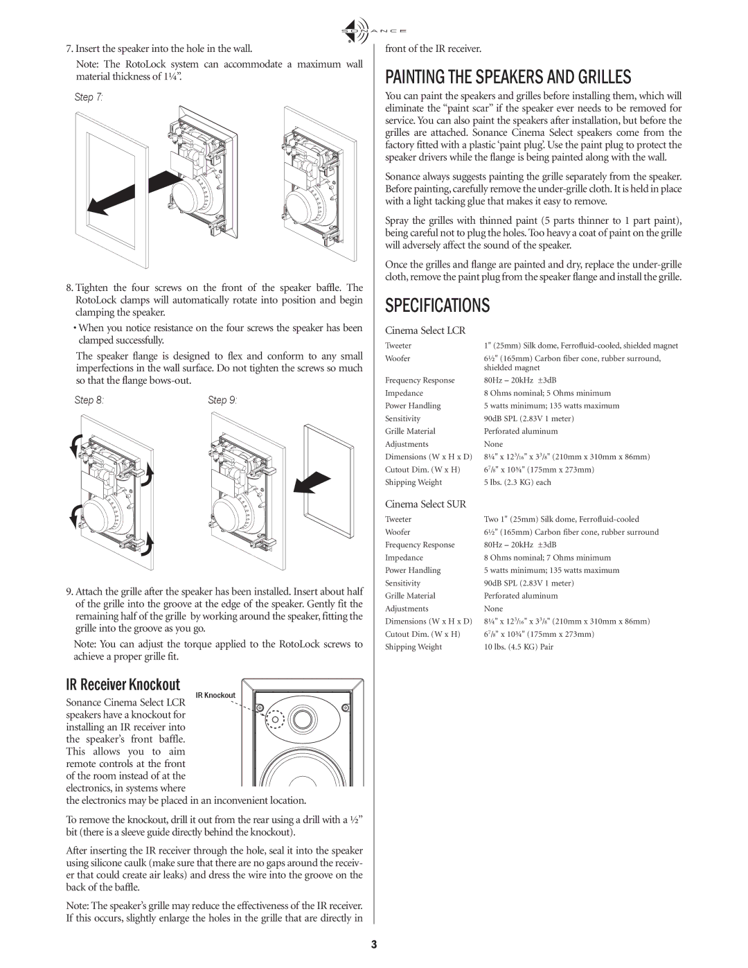 Sonance THX instruction manual Painting the Speakers and Grilles, Specifications, IR Receiver Knockout, Step 