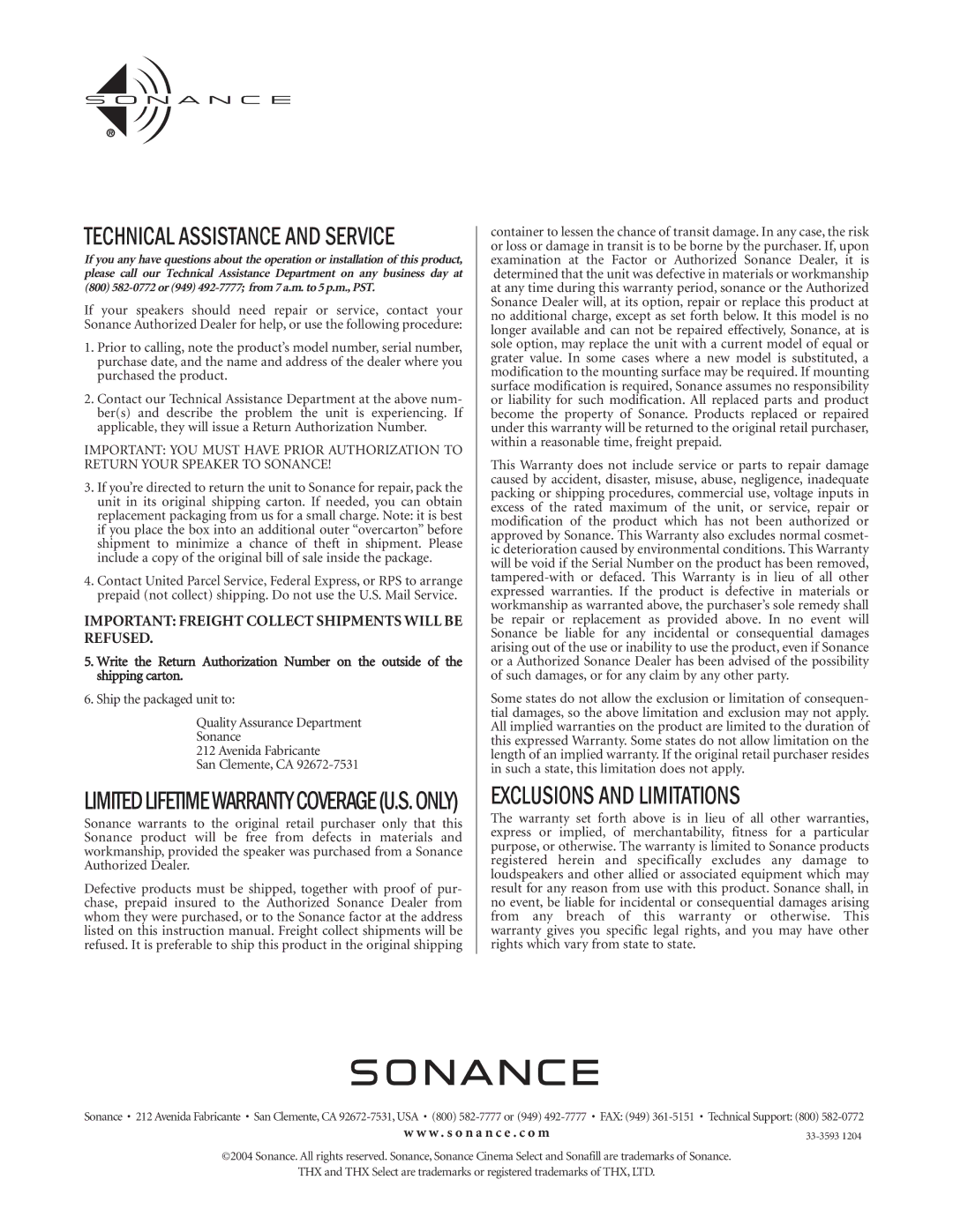 Sonance THX instruction manual Technical Assistance and Service, Exclusions and Limitations 