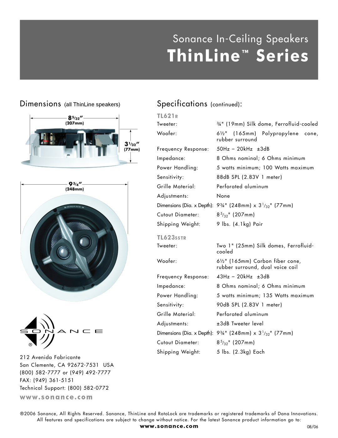 Sonance TL622R Specifications continued, TL621R, TL623SSTR, Dimensions all ThinLine speakers, ThinLine Series, 93/4” 