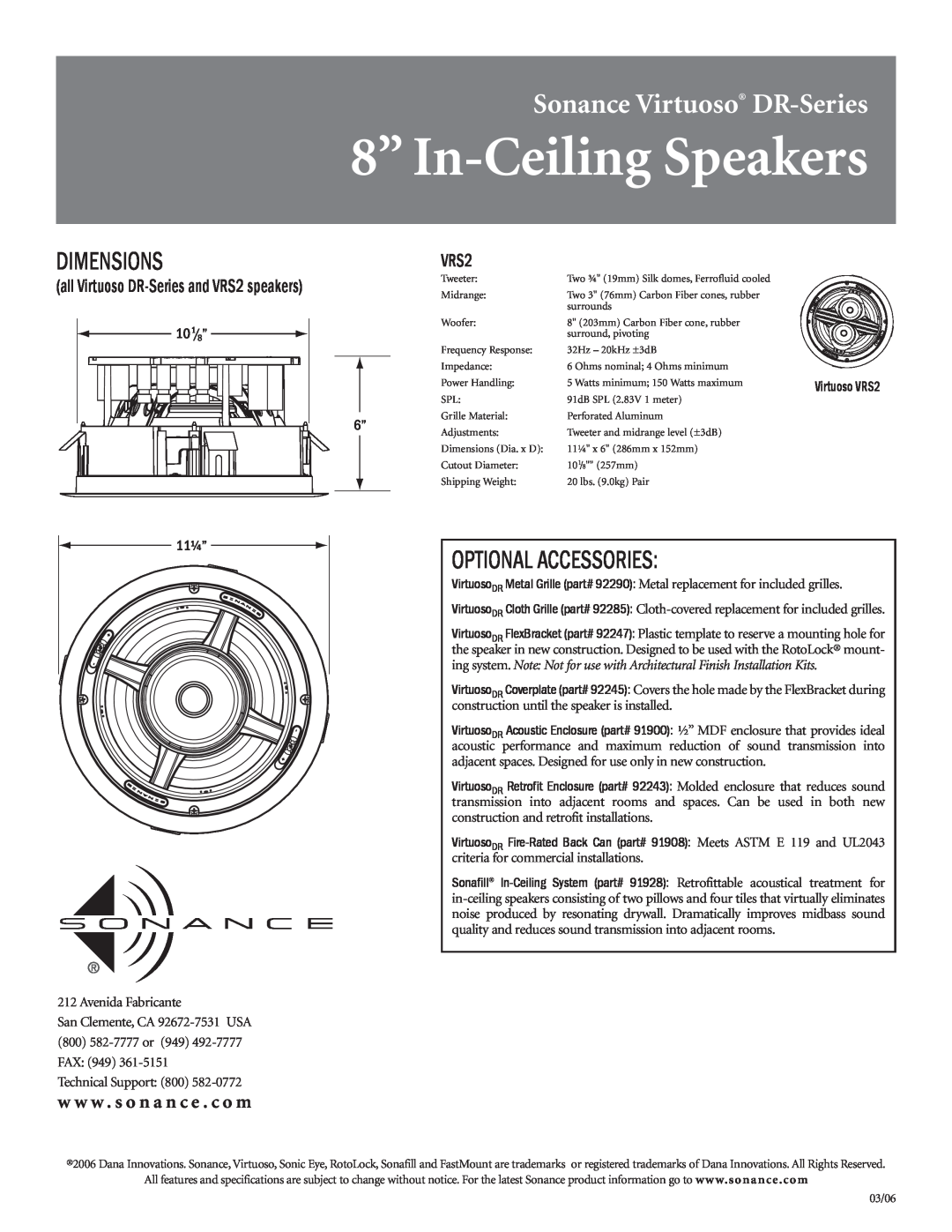 Sonance V832DR, V833DR Dimensions, Optional Accessories, all Virtuoso DR-Seriesand VRS2 speakers, 8” In-CeilingSpeakers 