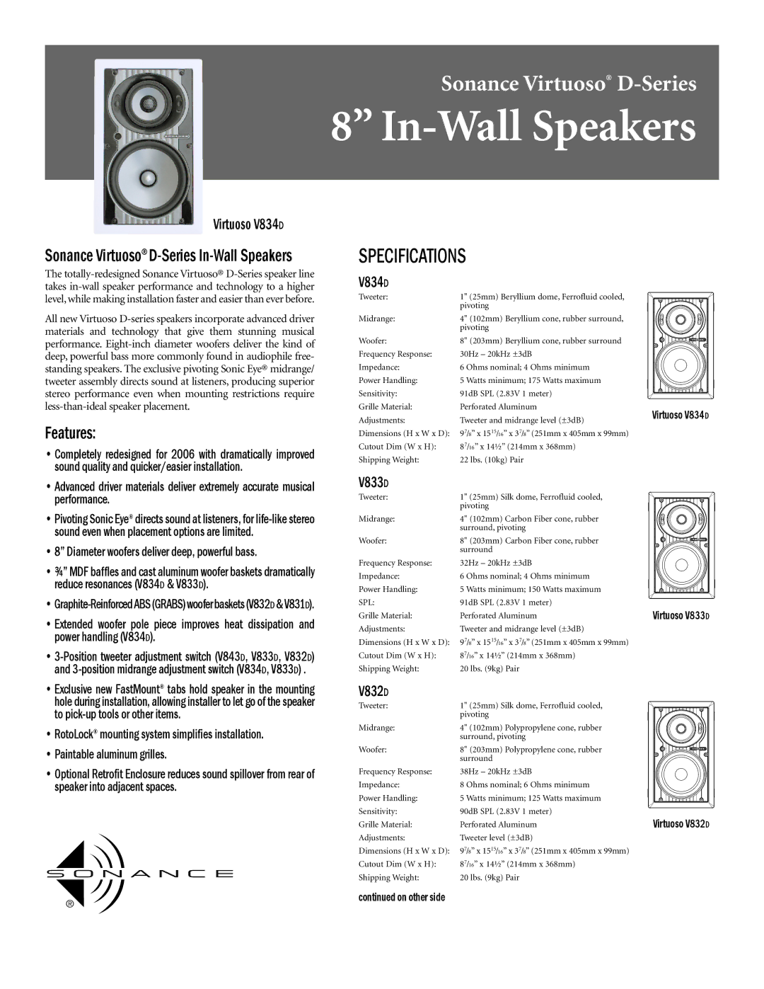 Sonance V834D specifications Specifications, Sonance Virtuoso D-Series In-Wall Speakers, Features 