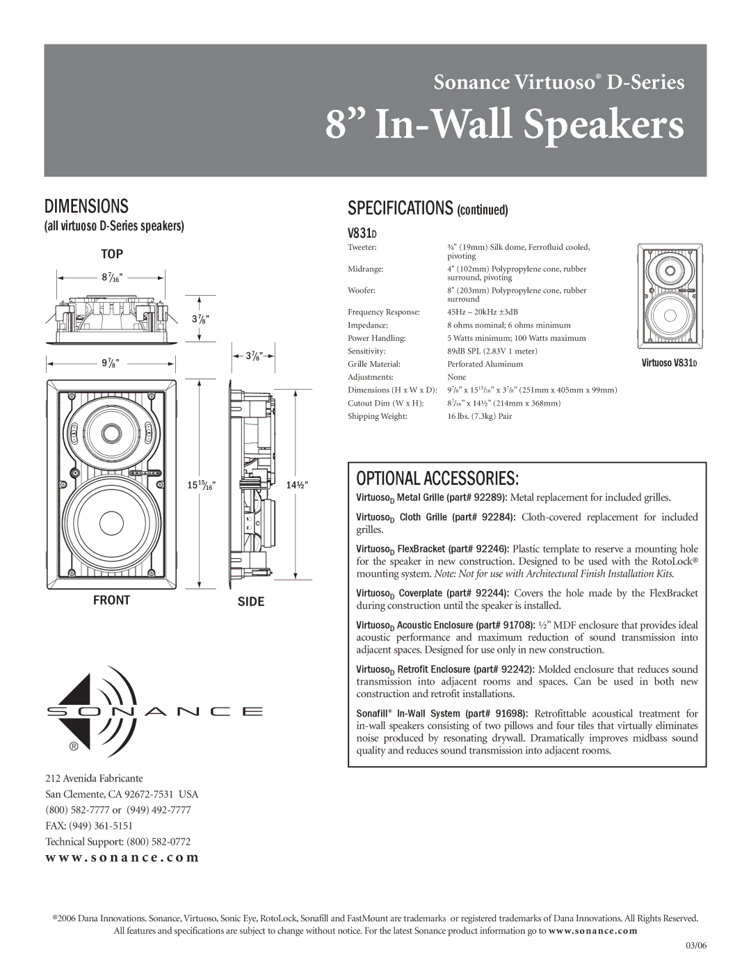 Sonance V834D specifications Dimensions, Optional Accessories, All virtuoso D-Series speakers V831 D 