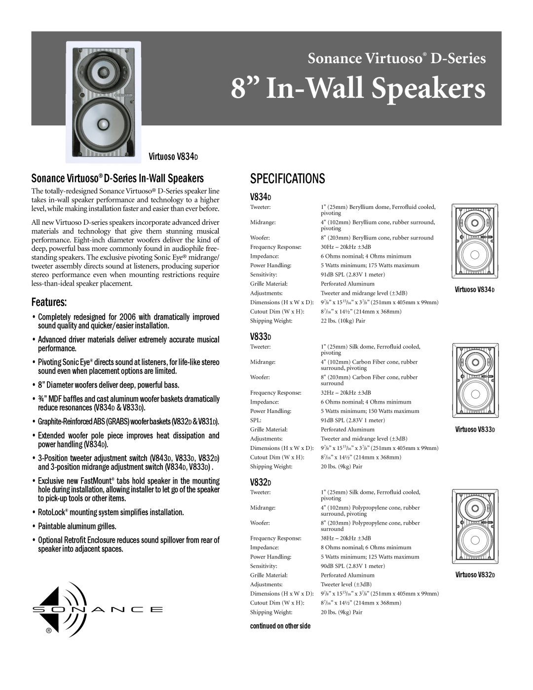 Sonance specifications 8” In-WallSpeakers, Sonance Virtuoso D-Series, Specifications, Virtuoso V834D, V833D, V832D 