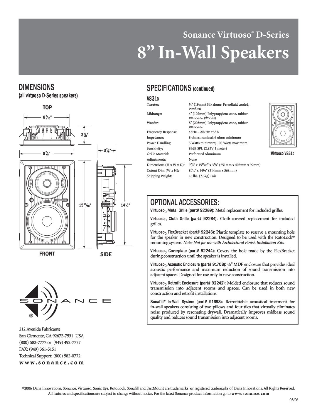Sonance V834D specifications Dimensions, Optional Accessories, all virtuoso D-Seriesspeakers, V831D, 8” In-WallSpeakers 