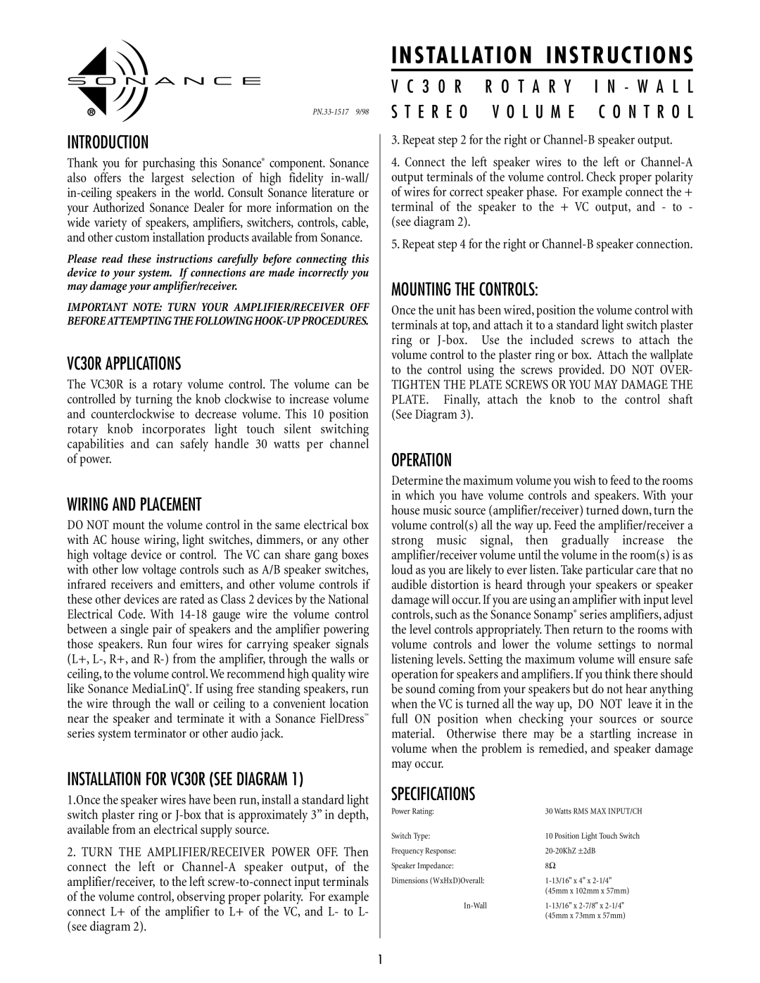 Sonance specifications Introduction, VC30R Applications, Wiring and Placement, T a R Y, L U M E, Mounting the Controls 