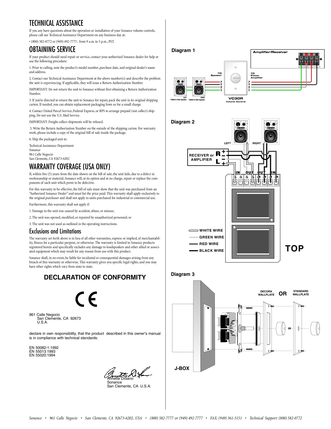 Sonance VC30R Technical Assistance, Obtaining Service, Warranty Coverage Usa Only, Exclusions and Limitations, Diagram 