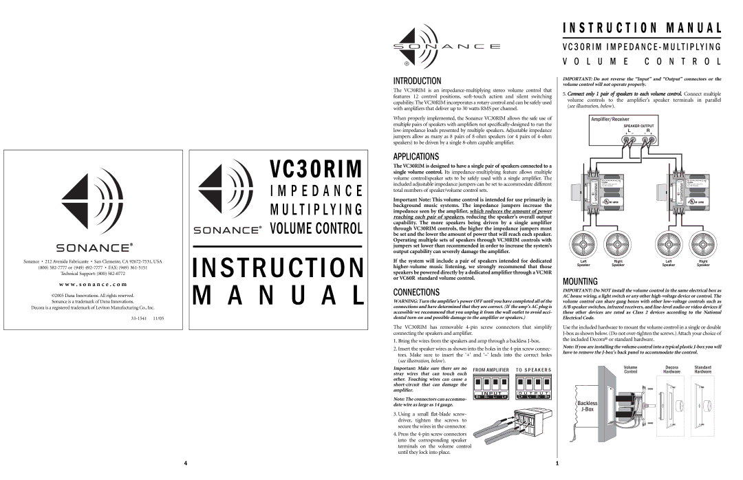 Sonance VC30RIM instruction manual Introduction, Applications, Connections, L U M E C O N T R O L, Mounting 