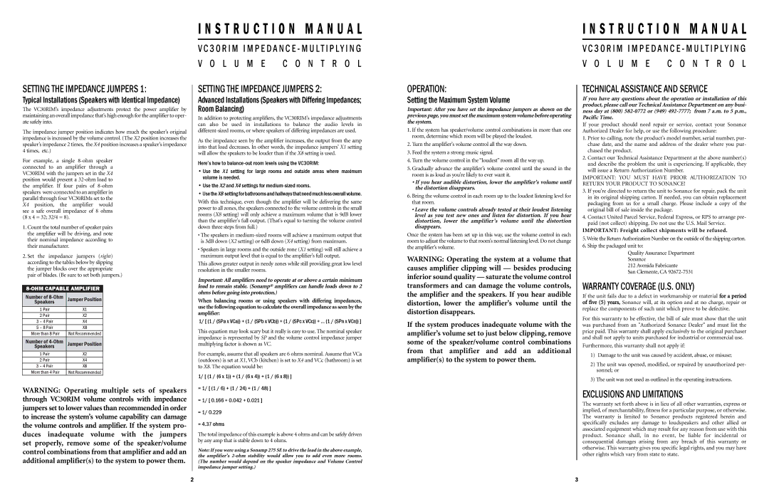 Sonance VC30RIM instruction manual L U M E N T R O L Setting the Impedance Jumpers, Operation, Warranty Coverage U.S. only 