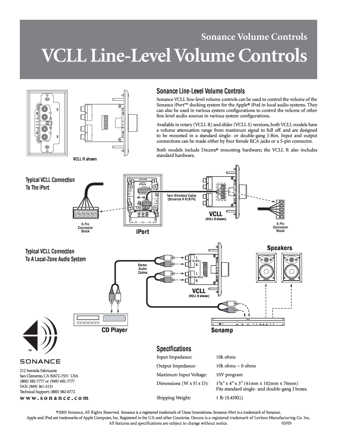 Sonance VCLL S specifications VCLL Line-LevelVolume Controls, Sonance Volume Controls, Sonance Line-LevelVolume Controls 