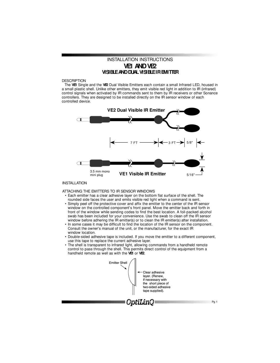 Sonance installation instructions VE1 and VE2, Visible and Dual Visible IR Emitter, VE2 Dual Visible IR Emitter 