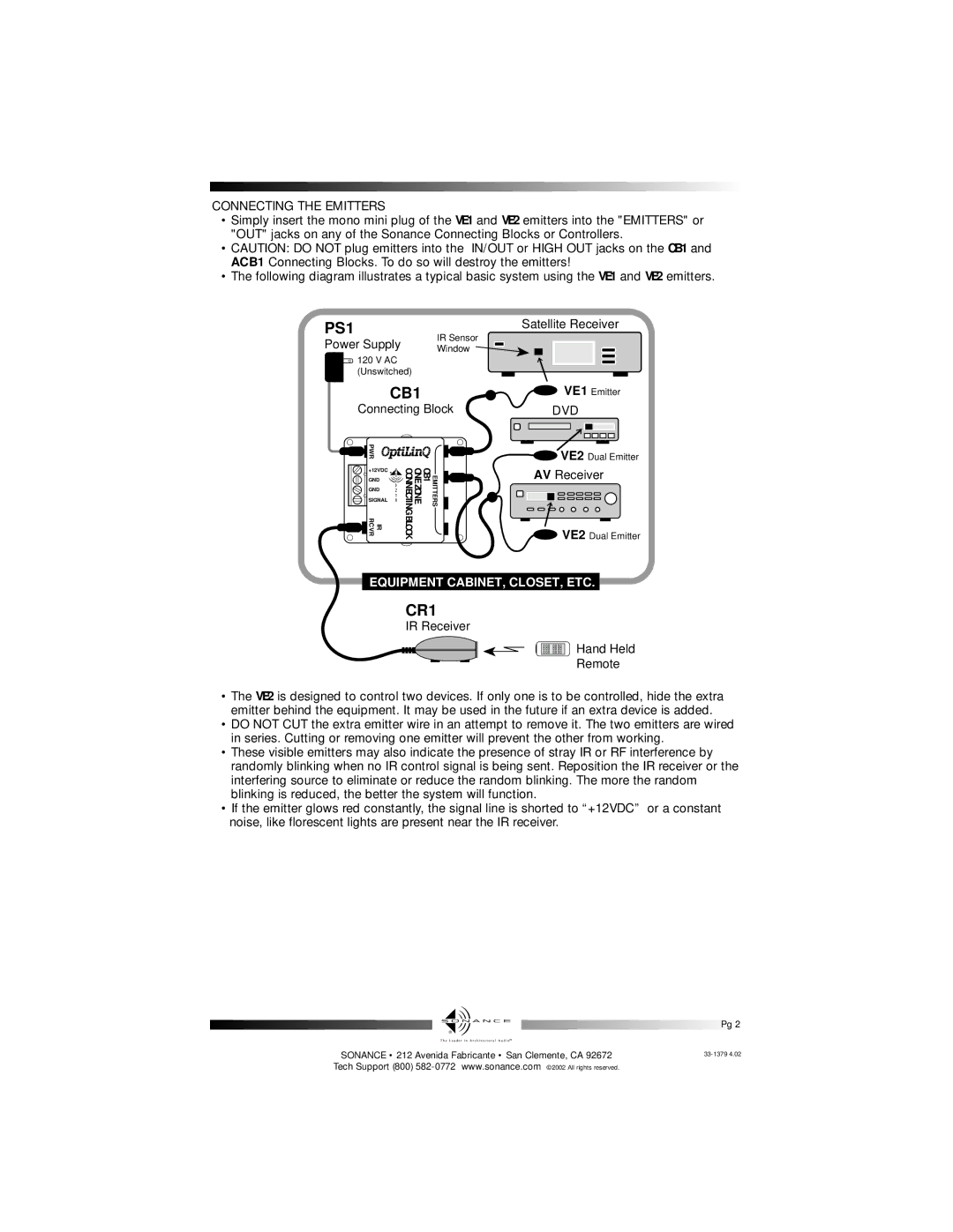 Sonance VE2, VE1 installation instructions PS1, CB1, CR1, Connecting the Emitters 