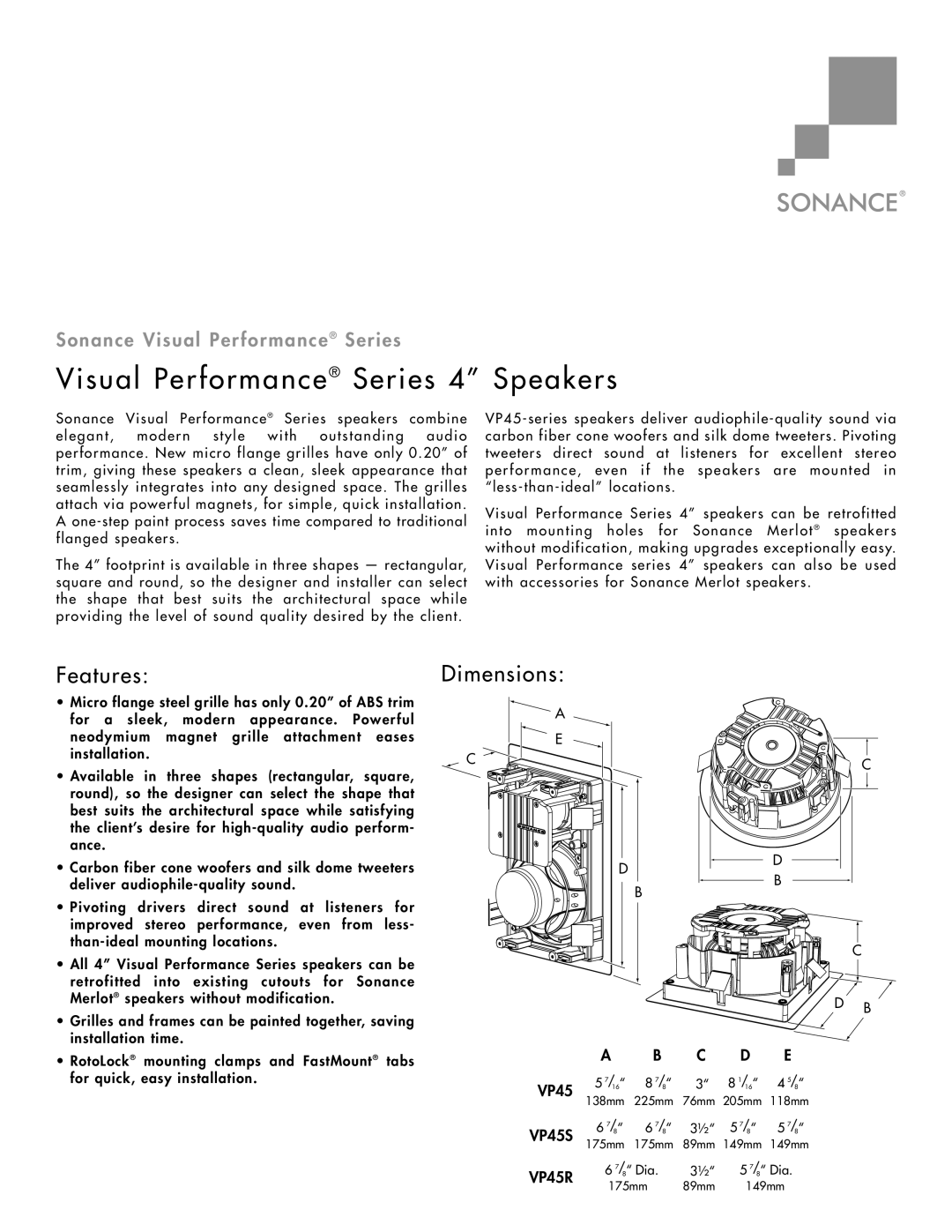 Sonance VP45R dimensions Visual Performance Series 4 Speakers, Features, Dimensions, Sonance Visual Performance Series 