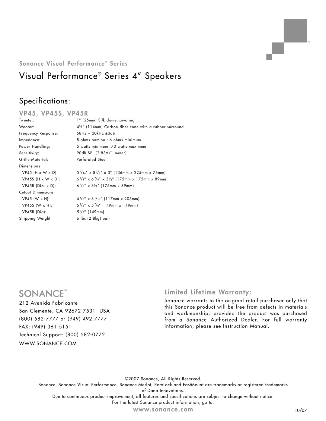 Sonance dimensions Visual Performance Series 4 Speakers, Specifications, VP45, VP45S, VP45R, Limited Lifetime Warranty 