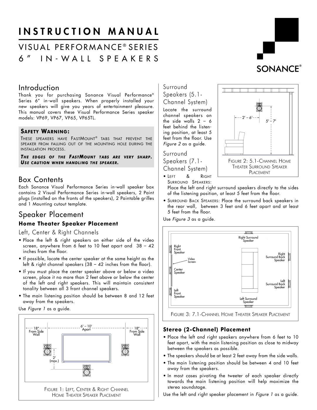 Sonance VP65 TL instruction manual Box Contents, Speaker Placement 