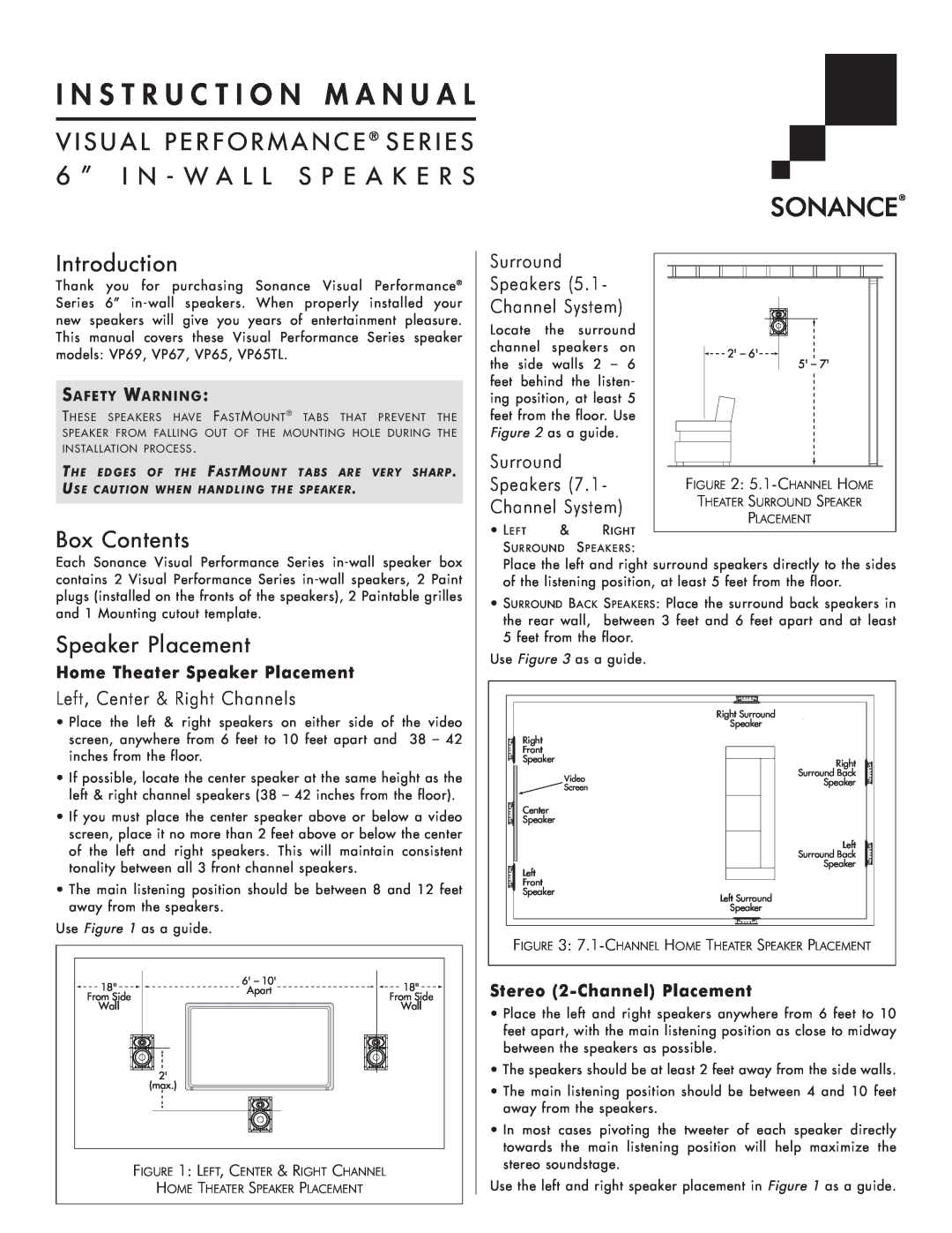 Sonance VP65 TL instruction manual Introduction, Box Contents, Speaker Placement, Left, Center & Right Channels, Surround 