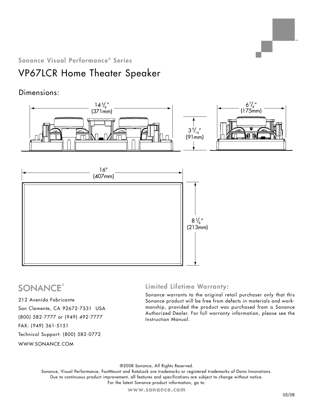 Sonance VP67 LCR specifications Dimensions, Limited Lifetime Warranty, 14 5/8 371mm 91mm 67/8 175mm, 407mm, 213mm 